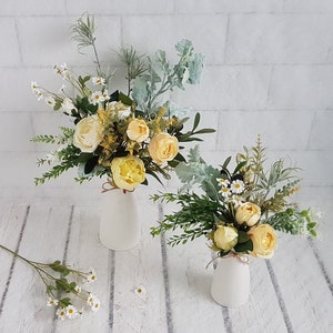 Yellow Rose & Daisy Bouquet in White Ceramic Vase, Faux Floral Small Yellow 25cm H