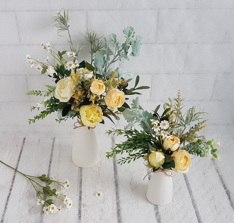 Yellow Rose & Daisy Bouquet in White Ceramic Vase, Faux Floral Small Yellow 25cm H