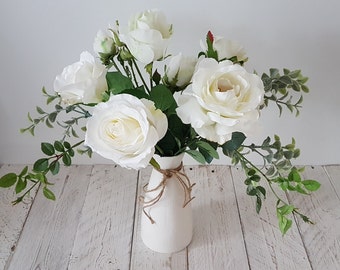 White roses in white ceramic vase Medium Artificial flowers in vase Faux white flowers in white vase Rose decoration Floral arrangement