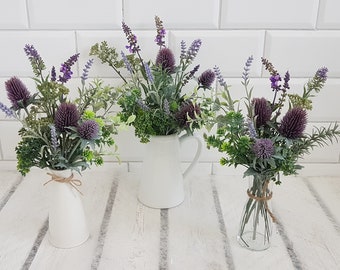 Artificial Thistles Lavender & Greenery in Glass Vase or Jug or White ceramic vase Purple and green faux flowers Country style arrangement