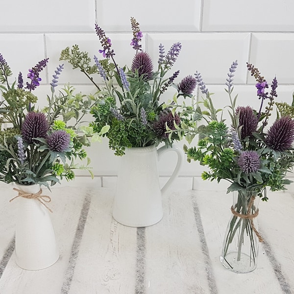 Artificial Thistles Lavender & Greenery in Glass Vase or Jug or White ceramic vase Purple and green faux flowers Country style arrangement