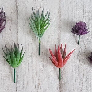 May include: Six artificial succulent plants with green, purple, and red leaves. The plants are on a white wooden background.