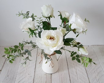 White roses in ivory metal jug vase Artificial flower arrangement Faux roses in jug White flowers in jug White flowers in vase Floral Pretty