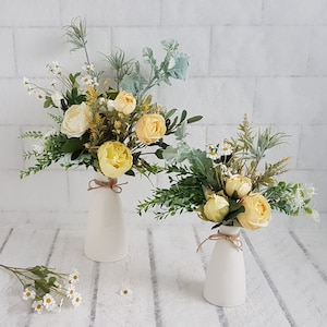 Yellow Rose & Daisy Bouquet in White Ceramic Vase, Faux Floral Large Yellow 40cm H