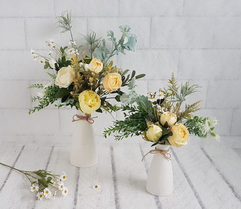 Yellow Rose & Daisy Bouquet in White Ceramic Vase, Faux Floral Large Yellow 40cm H