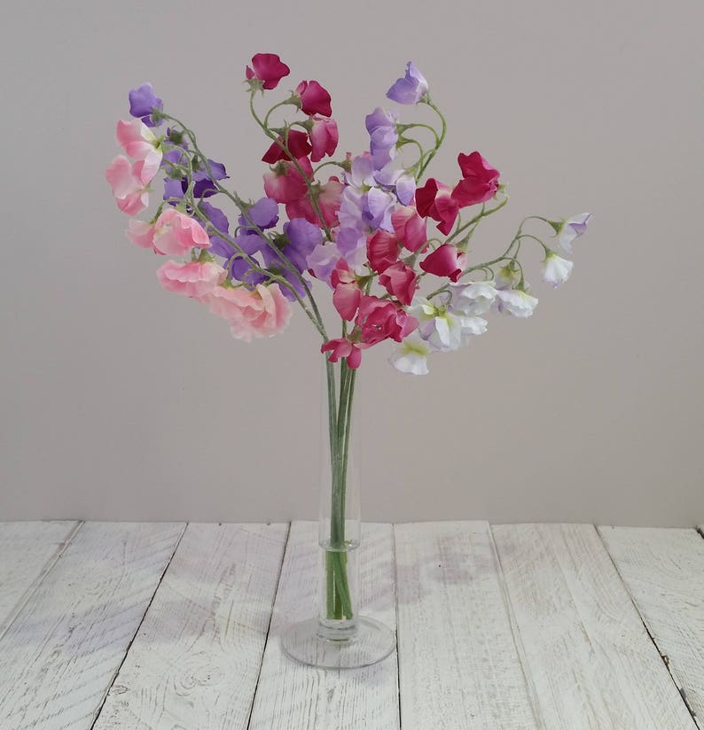 Faux silk sweet peas Flower arrangement Tall glass vase Etsy