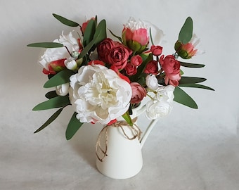 Burgundy & white peonies in vase bouquet Artificial flowers Floral arrangement Cream jug faux ranunculus eucalyptus Pretty Country cottage