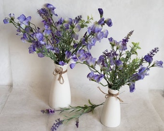 Sweet peas & lavender in vase Artificial flower arrangement White ceramic Pretty Faux Floral Country cottage summer bouquet Pink Blue Purple