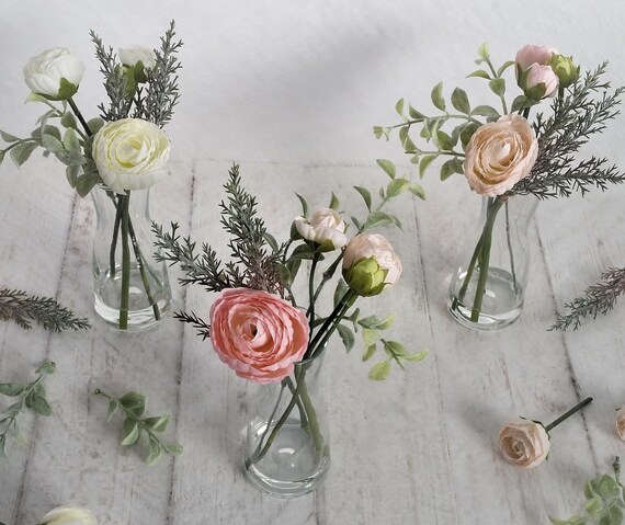 Blush Pink Peach Or White Silk Ranunculus In Small Glass Vases Etsy