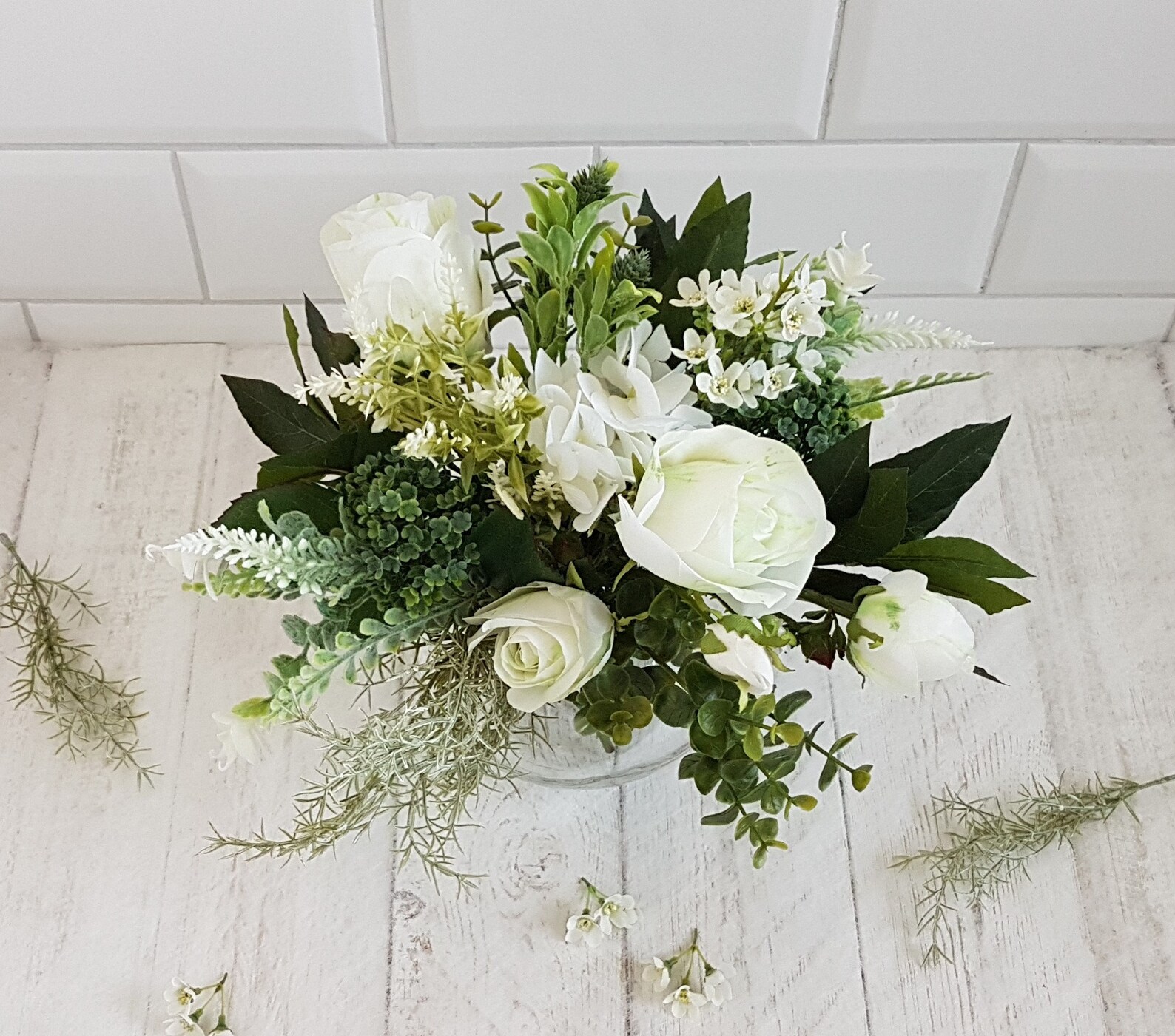 Pretty vase of artificial flowers Green & white faux flower Etsy