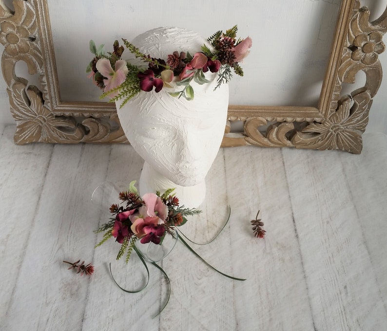 Pink and grey flower crown Woodland flower crown Pretty plum flower crown Bridal flower crown Bohemian headband Wedding floral crown Blush image 7