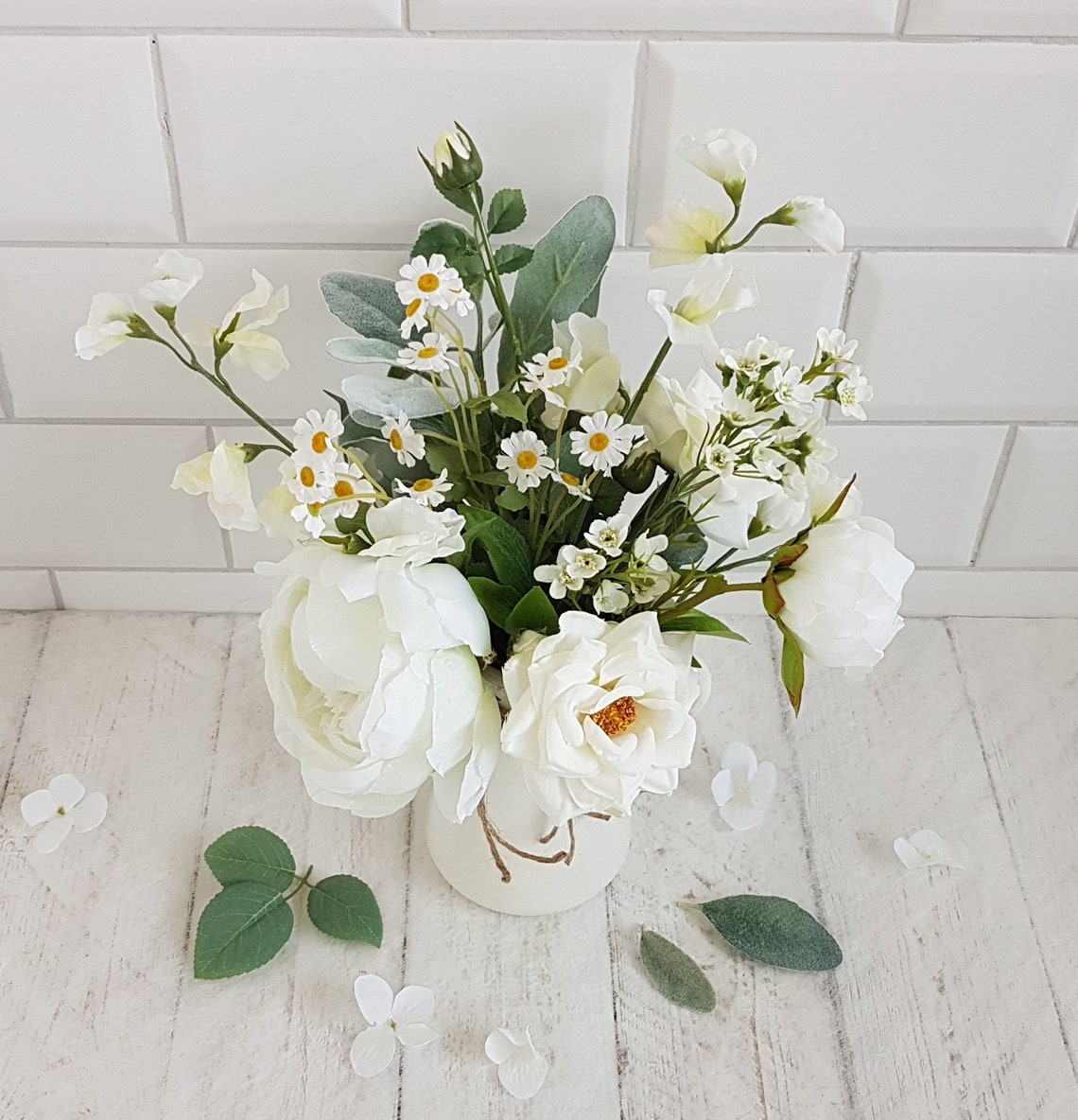 White flowers in vase Artificial flower arrangement Cream jug Etsy