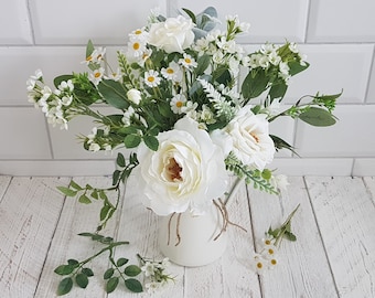 White flowers in vase Artificial flower arrangement Cream jug Roses Daisy Greenery Pretty Faux Floral Country Pretty cottage bouquet Rustic