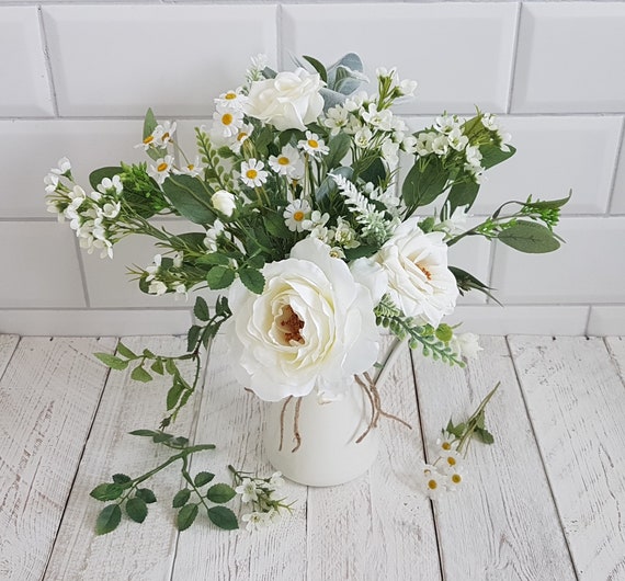 White Flowers in Vase Artificial Flower Arrangement Cream Jug Roses Daisy  Greenery Pretty Faux Floral Country Pretty Cottage Bouquet Rustic 