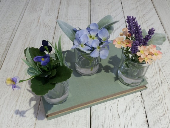 Trio Blue Peach Silk Flowers In Small Vases Pretty Faux Etsy