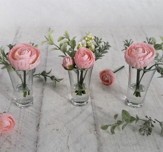 Trio Pink Silk Ranunculus In Small Glass Vases Flower Etsy