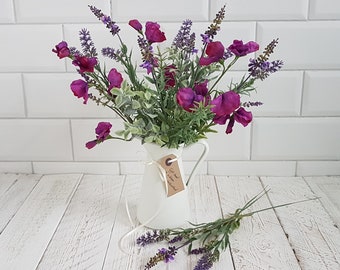 Sweet peas and lavender bouquet in pretty vase Artificial purple flowers Metal jug dark mauve faux Floral arrangement Gift for her Spring