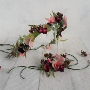 Pink and grey flower crown Woodland flower crown Pretty plum flower crown Bridal flower crown Bohemian headband Wedding floral crown Blush Wrist corsage