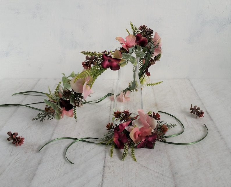 Pink and grey flower crown Woodland flower crown Pretty plum flower crown Bridal flower crown Bohemian headband Wedding floral crown Blush Wrist corsage