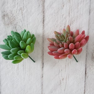 May include: Two artificial succulent plants, one green and one red, on a white wooden background.