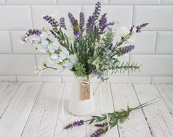 Artificial flower arrangement Cream jug purple & white faux flowers Sweet peas Lavender Pretty vase Floral Country cottage Spring bouquet