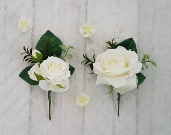 White rose buttonholes Boutonniere Classic groom lapel pin Best man flowers Men's wedding flower Mother's floral Silk flower corsage Pretty