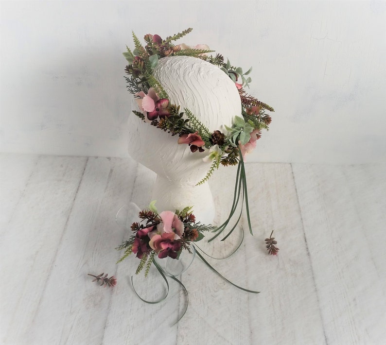 Pink and grey flower crown Woodland flower crown Pretty plum flower crown Bridal flower crown Bohemian headband Wedding floral crown Blush image 2