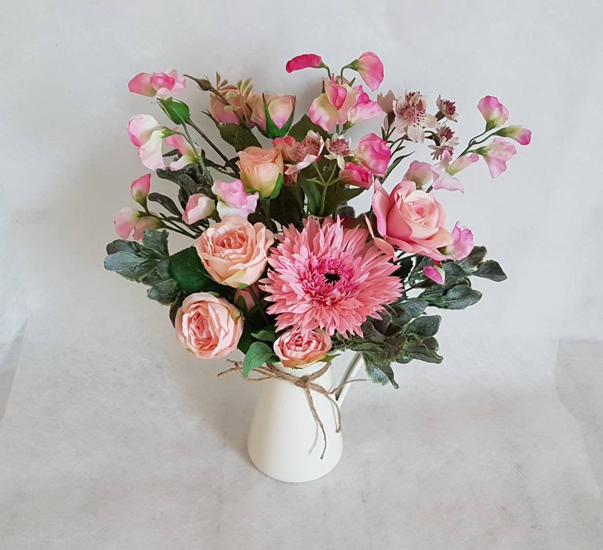 Pretty Vase of Artificial Flowers in Small White Ceramic Jug Floral  Arrangement Pink Peach Yellow Green Faux Flowers Country Style Pastel 