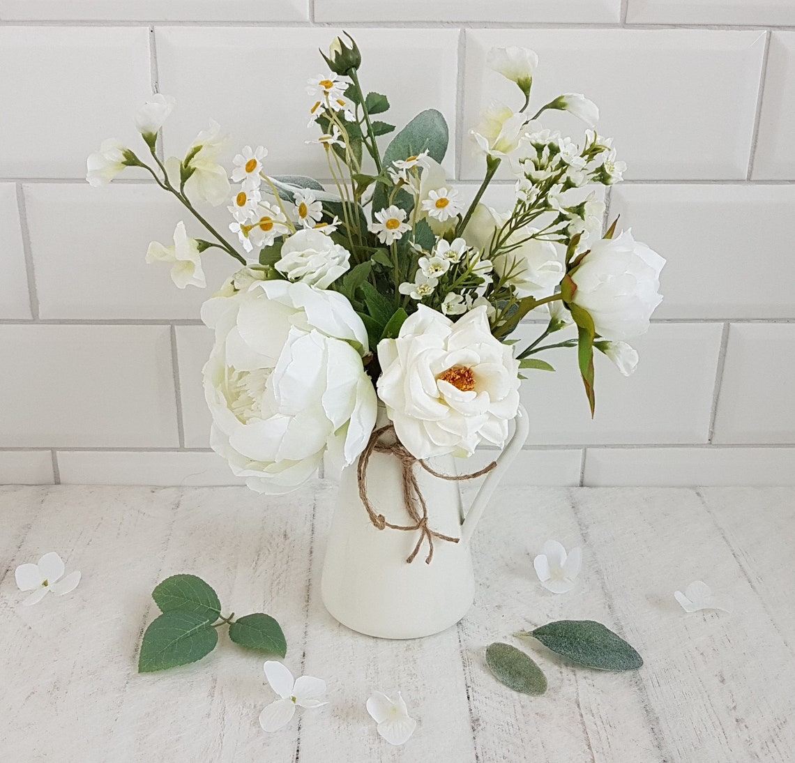 White flowers in vase Artificial flower arrangement Cream jug Etsy