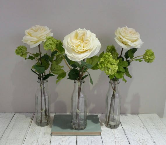 Cream Silk Rose Tall Glass Bottle Vase Lime Green White Etsy