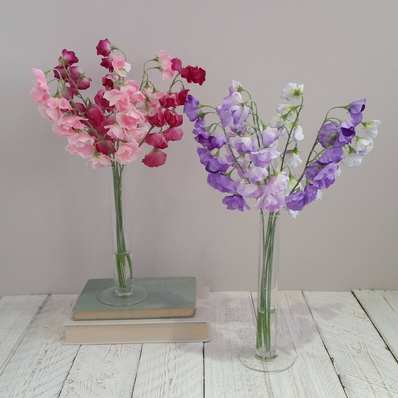 Faux silk sweet peas Flower arrangement Tall glass vase Etsy