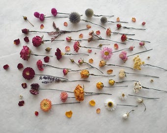 Small dried flower hair pins Handmade floral wedding accessories Bridesmaid Bride Prom & Party Pink Purple Blue White Blush Yellow Burgundy