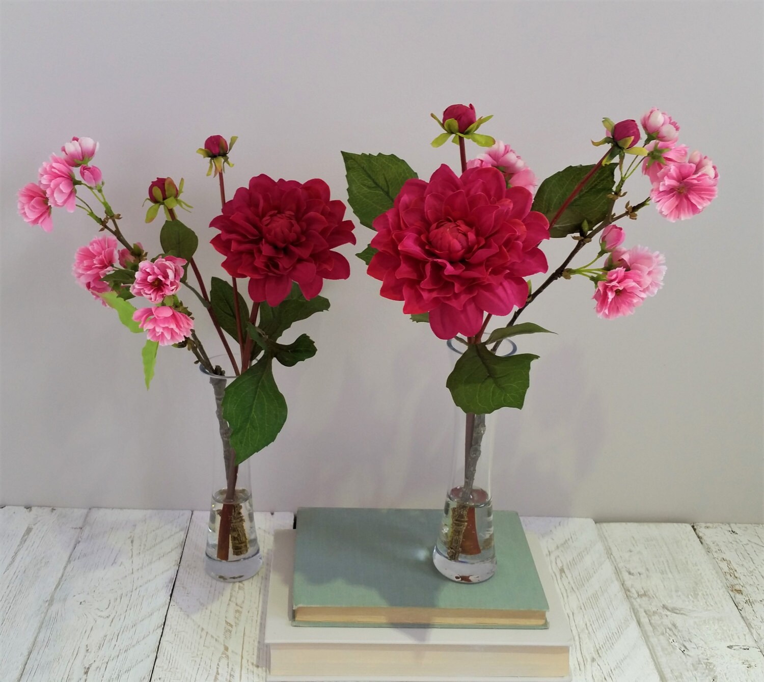 Bright hot pink silk dahlia flowers in tall glass vase Etsy