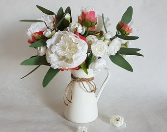 Artificial white & burgundy flowers in vase peony bouquet flowers in vase White floral arrangement Cream jug faux peonies eucalyptus Pretty