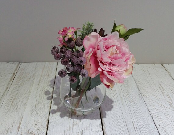 Pink Silk Peony Arrangement Purple Succulent Flowers Etsy