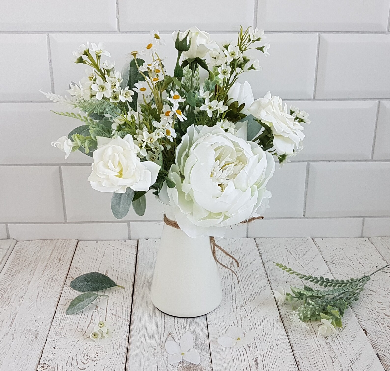 White flowers in vase Artificial flower arrangement Cream jug Etsy
