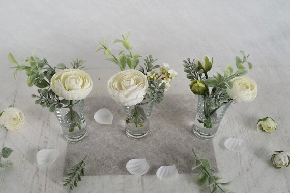 Set 3 White Silk Ranunculus In Small Glass Vases Flower Etsy