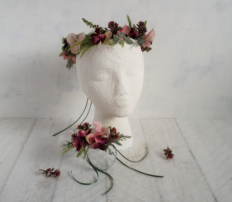 Pink and grey flower crown Woodland flower crown Pretty plum flower crown Bridal flower crown Bohemian headband Wedding floral crown Blush image 9