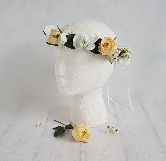 Handmade Yellow & White Flower Crown: Roses, Hydrangea  display picture 3