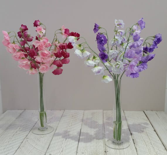 Faux Silk Sweet Peas Flower Arrangement Tall Glass Vase Etsy