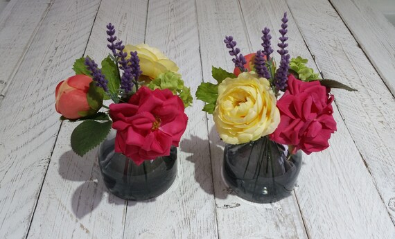 Yellow Pink Faux Roses Silk Flower Arrangement Glass Vase Etsy