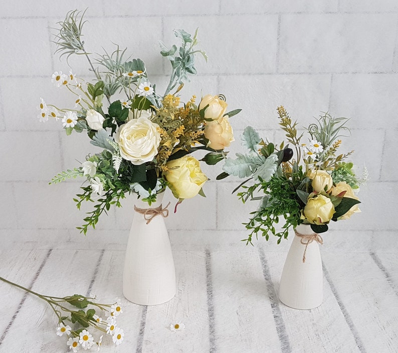 Yellow Rose & Daisy Bouquet in White Ceramic Vase, Faux Floral image 3