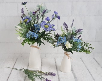 Artificial blue flowers in white ceramic vase Pretty vase of flowers Blue & grey bouquet Sweet peas Forget me not Lavender Rustic style Faux