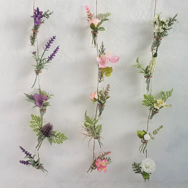 Regalo del día de la madre Cadena de pequeños jarrones colgantes con flores artificiales Rosa Púrpura Blanco Pequeño jarrón con flores artificiales Pequeña y bonita decoración