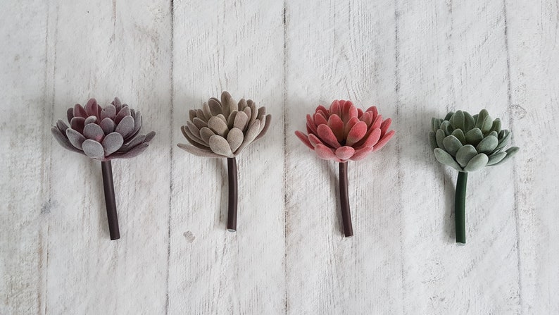 May include: Four artificial succulent plants with different colored leaves. The succulents are arranged in a row on a white wooden background. The succulents are all the same size and shape, but they have different colors of leaves. The first succulent has purple leaves, the second has brown leaves, the third has pink leaves, and the fourth has green leaves.
