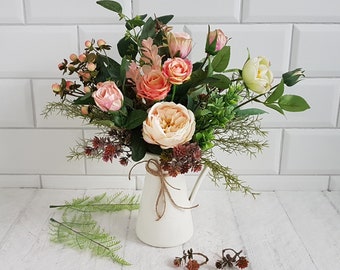 Peach & apricot floral bouquet in vase Flower arrangement Faux roses berries eucalyptus greenery Pretty Country cottage style decor Jug