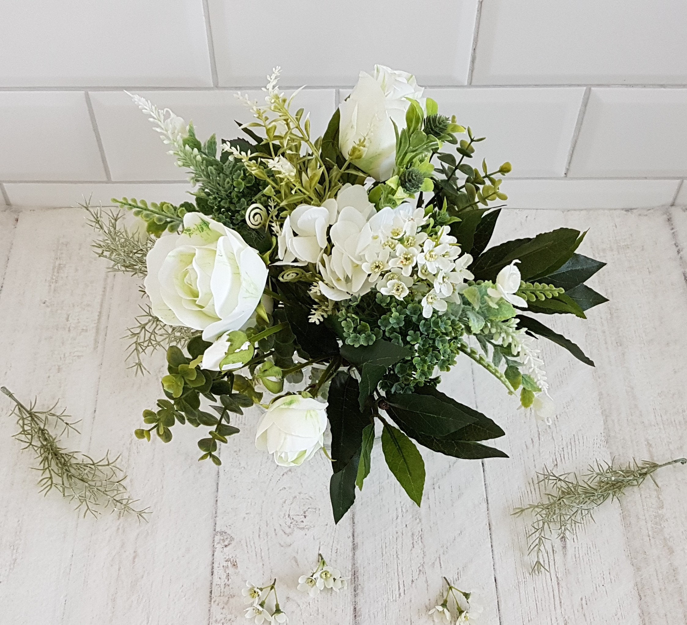 Pretty vase of artificial flowers Green & white faux flower Etsy