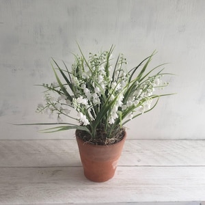 Lily of the valley plant in vintage terracotta pot: Artificial green & white indoor faux plant