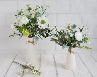 White flowers in vase Artificial flower arrangement White ceramic vase Daisy Sweet Peas Greenery Pretty Faux Floral Country cottage bouquet