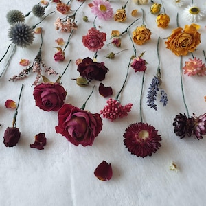 May include: Assortment of dried flowers and plants, including roses, lavender, and thistle, arranged on a white surface. The flowers are in various shades of pink, red, yellow, and orange.